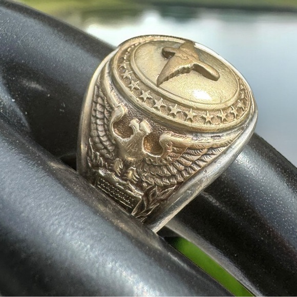 Vintage 10K Gold & Sterling Aviation Military Pilot Wings Ring - Picture 1 of 8